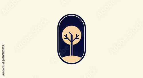 Minimalist Tree Silhouette Inside Oval Frame with Dark Blue Background.