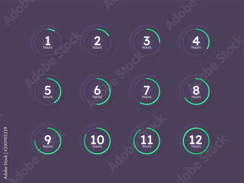 Green line neumorphism countdown timer set on dark background. Deadline checking. Green line cycles. Circle progress bars isolated. Hours stopwatch. Remaining time. Modern UI graphic collection