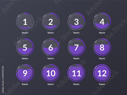 Liquid effect translucent countdown timer set on dark background. Purple fluid pouring displays. Circle progress bars isolated. Hours stopwatch. Remaining time. Modern UI graphic collection
