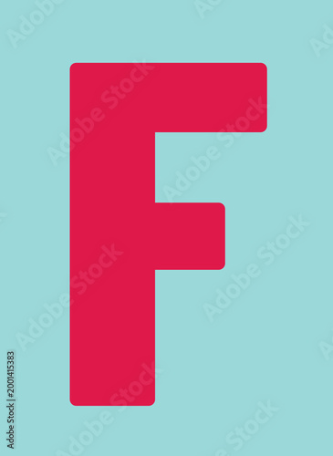 Uppercase F letter of English alphabet, vector bright festive red typeface in mint color frame, kids happy font