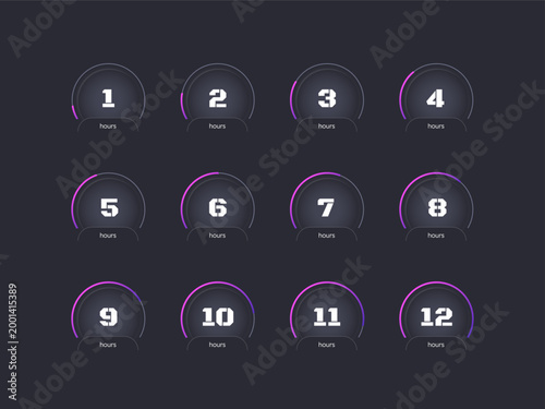 Business deadline countdown timer set on dark background. Speedometer style. Period control. Circle progress bars isolated. Hours stopwatch. Remaining time. Modern UI graphic collection