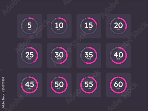 Magenta pink countdown timer set on dark background. Digital dashboard element. Dynamic tracker. Circle progress bars isolated. Minutes stopwatch. Remaining time. Modern UI graphic collection