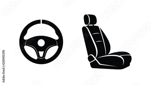 Car seat and steering wheel graphic a stark black silhouette