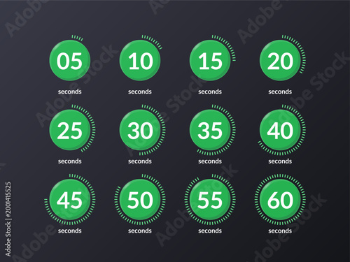 Green virtual countdown timer set on dark background. Radial dots and solid color buttons. Circle progress bars isolated. Seconds stopwatch. Remaining time. Modern UI graphic collection