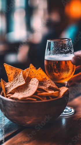 Glass of Cold Beer and a Bowl of Tortilla Chips in a Bar
