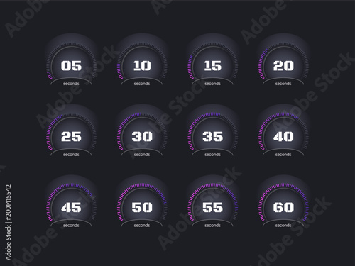 Purple gradient radial dots countdown timer set on dark background. Digital technology. Dashboard. Circle progress bars isolated. Seconds stopwatch. Remaining time. Modern UI graphic collection