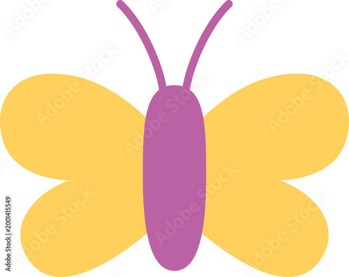 Butterfly doodle style vector icon, cartoon cute purple fly insect yellow wings, beautiful summer wild fauna isolated