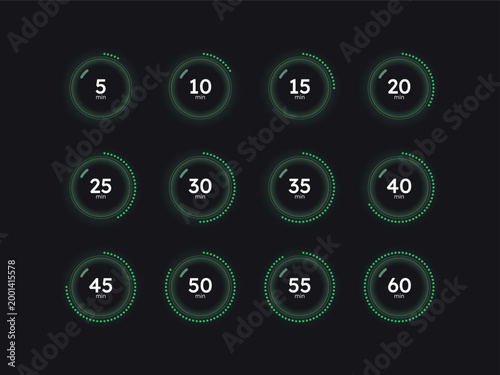 Glass translucent dynamic countdown timer set on dark background. Green dotted line appearing. Circle progress bars isolated. Minutes stopwatch. Remaining time. Modern UI graphic collection