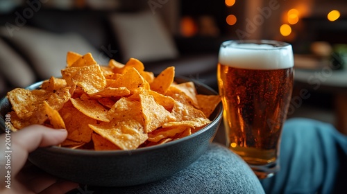 Crunchy Tortilla Chips and Cold Beer Glass for Movie Night Snack