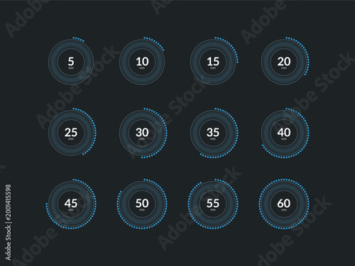 Blue neon dotted line countdown timer set on dark background. Measuring process. Business. Circle progress bars isolated. Minutes stopwatch. Remaining time. Modern UI graphic collection