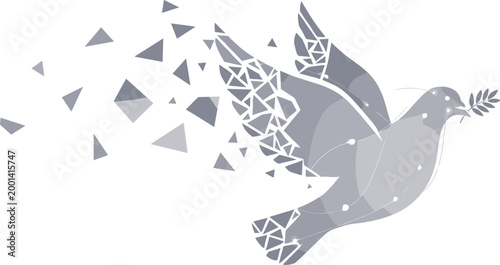 Abstract geometric dove of peace with olive branch shattering into triangles representing digital unity reconstruction and fragile global harmony conceptual vector illustration isolated on white.