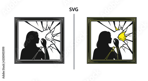 Woman Silhouette Behind Broken Glass, Shattered Mirror Effect, Concept of Trauma