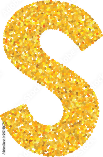 Uppercase S letter of English alphabet golden sparkling glitter shape, vector yellow font sign shiny shimmer texture