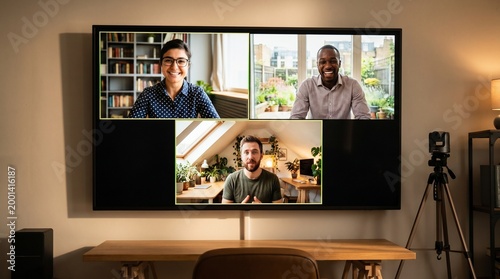 Three smiling diverse professionals engaging in a productive video conference on a large screen.