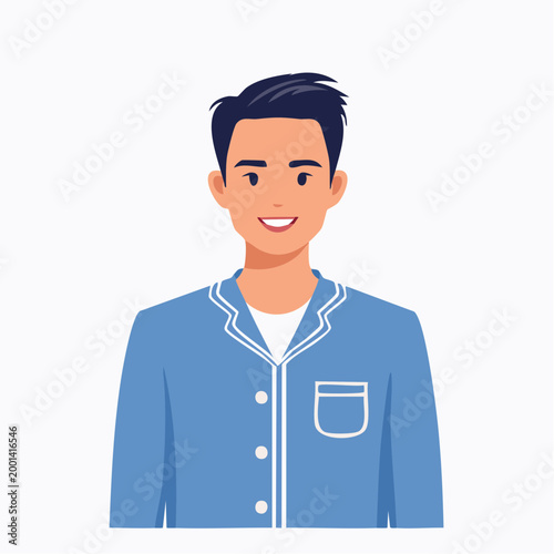 Young Man in Blue Pajamas Smiling
