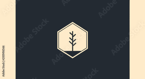 Minimalist Tree Logo Design on Hexagon Shape with Dark Background.