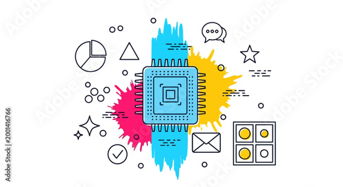 Colorful illustration of a microchip surrounded by various symbols and icons.