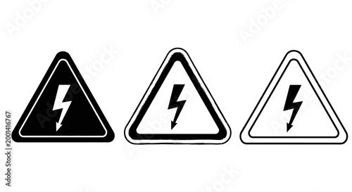 Three warning signs display lightning bolts in black and white