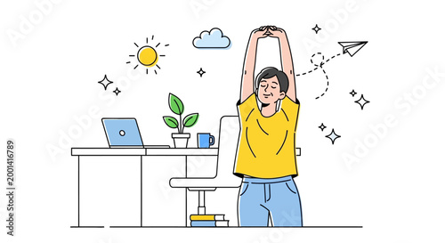 Man stretches at office desk with laptop and plant nearby on a sunny day