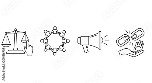 A hand holds scales next to a molecular structure, a megaphone, and breaking chains.