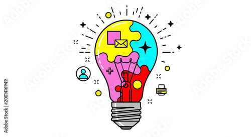 A colorful illustration of a lightbulb with puzzle pieces and symbols floating around it in a creative scene.