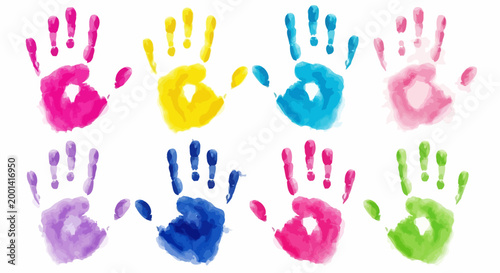 Vibrant handprints arranged in a creative pattern with various colors