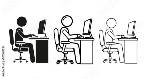 Three people sit at desks working on computers in an office setting with a gradual transition from black to white.