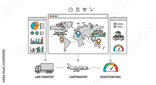 Global logistics and transportation network map with various icons and graphs