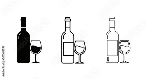 Wine bottles and glasses set for drinks and alcohol beverages