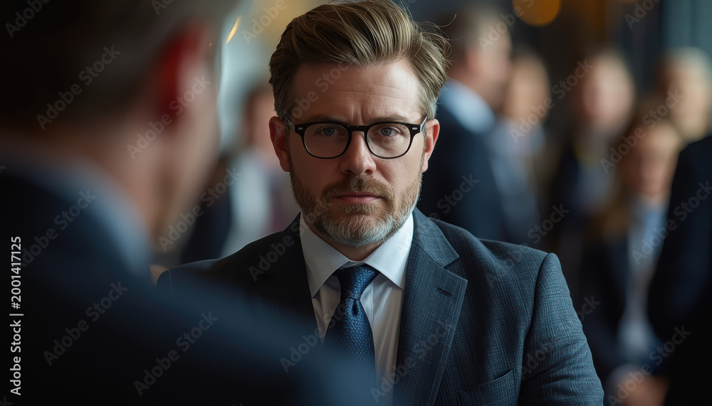 Fototapeta premium Serious businessman with glasses in corporate meeting, focused expression, cinematic lighting