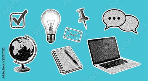 A creative workspace setup with a laptop, notebook, globe, and lightbulb on a blue background with various icons.