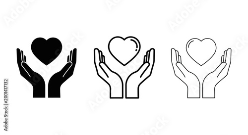 Hands holding heart shapes in black, white, and gray illustrations
