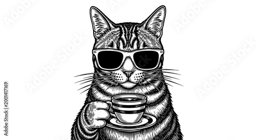 A cat wearing sunglasses holds coffee cup in hand.
