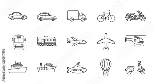 Collection of hand-drawn transportation icons in a grid.