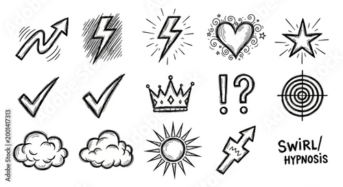 A collection of 14 hand-drawn icons featuring various symbols and marks on a white background including a star, heart, lightning bolt, and checkmark.