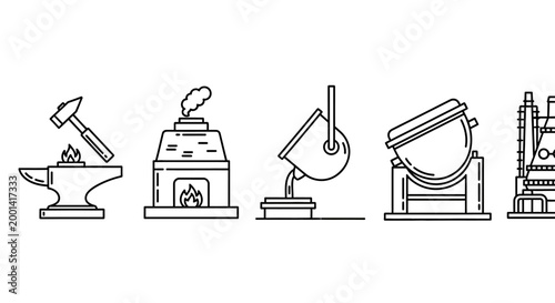 Industrial tools and machinery icons including anvil, furnace, telescope, satellite dish, and factory equipment