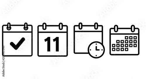 Four calendar icons with checkmark, date, blank, and grid on white