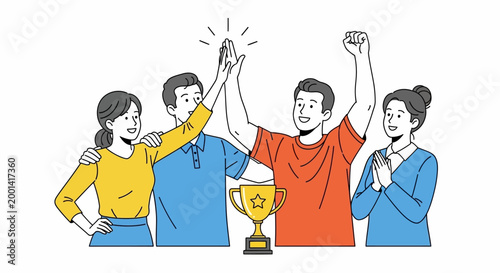 Four people celebrating with fists raised and a trophy in between them