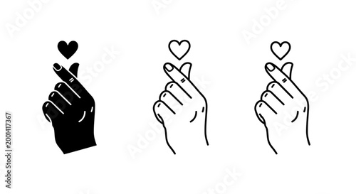 Three hands making heart shapes with fingers on a white background