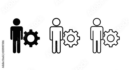 Three stick figures with gear icons represent teamwork and collaboration