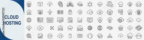 Cloud hosting and database icon set, digital storage server vector illustration