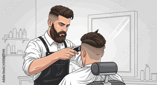 Barber cuts client's hair with clipper in salon chair