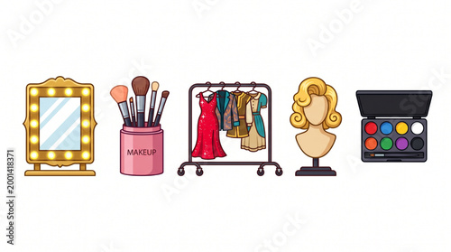 Collection of icons representing beauty, fashion, and style makeup, clothing rack, hairstyle, and makeup palette
