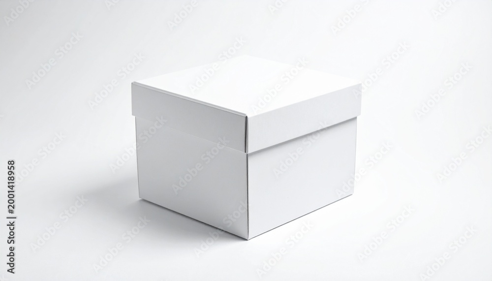 Fototapeta premium A single clean white square gift box mockup isolated on a neutral studio background perfect for product design and commercial branding display.