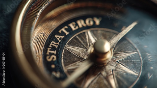 Close up of a compass with strategy word emphasizing direction and focus
