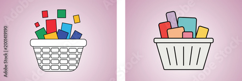 Laundry basket vector icons, colorful clothes in plastic wash bins, household chore and organization symbols on purple background