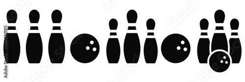 Bowling Game Icons Set – Bowling Pins and Ball Sport Vector Icons for Strike, Spare, Competition and Leisure Recreation
 Activity Symbols