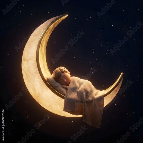 Sleep Wellness Concept - 3D Render Cozy Sleeping Figure Moon Stars Night Rest
