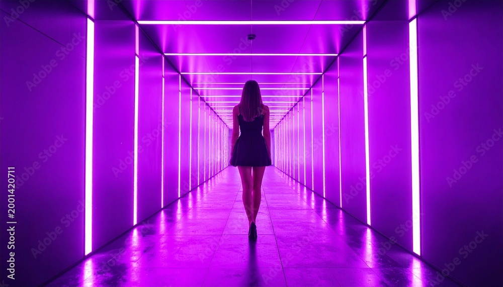 Obraz premium A young woman standing in a futuristic neon tunnel with vibrant purple glowing lights creating a conceptual atmosphere of mystery and style.