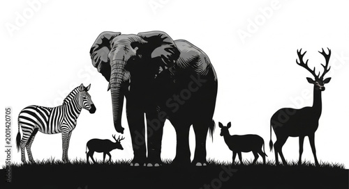 Silhouette of various wild animals standing together.